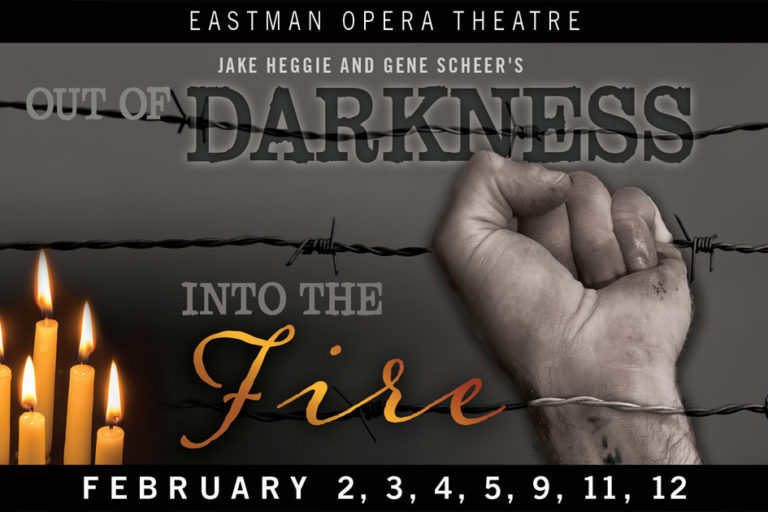 OutOfDarkness_opera_Web_1000x630 CORRECTED A poster of 5 candles and a fist holding barbed wire for Out of Darkness and Into the Fire productions.