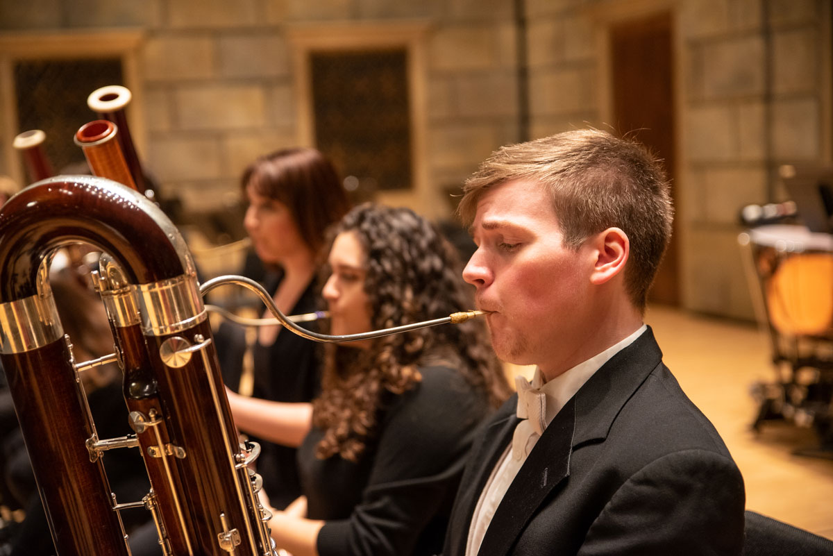 Double bassoon student in Philharmonia rehearsal. Double bassoon student in Philharmonia rehearsal.